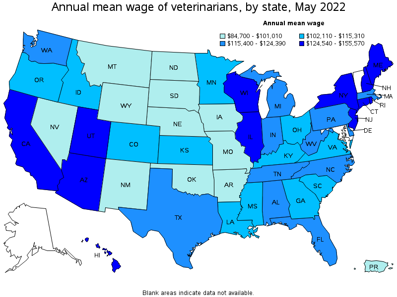Map of annual mean wages of veterinarians by state, May 2022