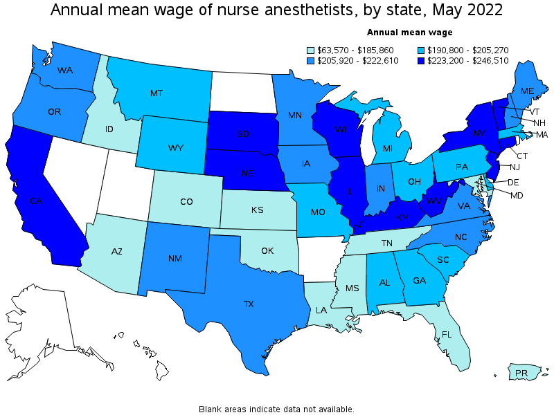 Map of annual mean wages of nurse anesthetists by state, May 2022