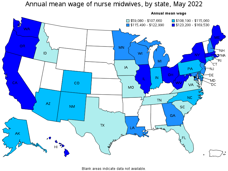 Map of annual mean wages of nurse midwives by state, May 2022