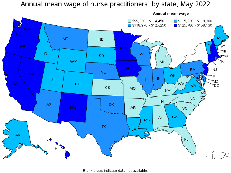 Map of annual mean wages of nurse practitioners by state, May 2022