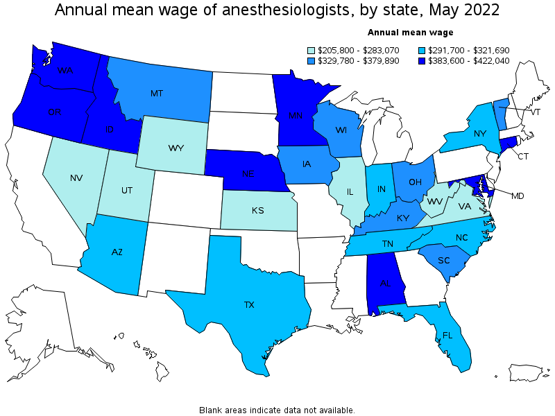 Map of annual mean wages of anesthesiologists by state, May 2022