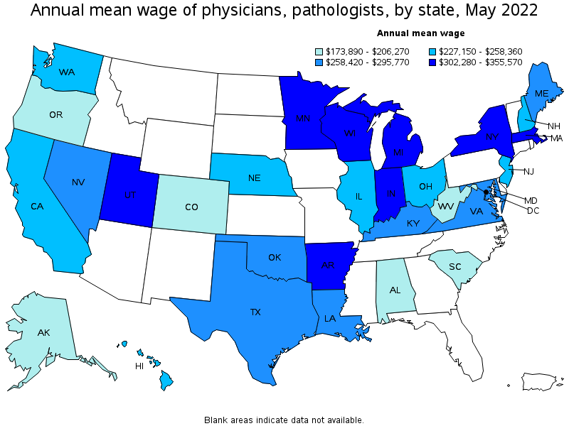Map of annual mean wages of physicians, pathologists by state, May 2022
