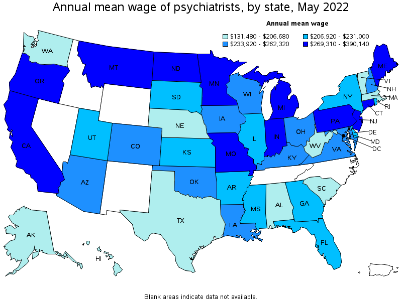 Map of annual mean wages of psychiatrists by state, May 2022