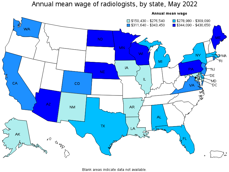 Map of annual mean wages of radiologists by state, May 2022