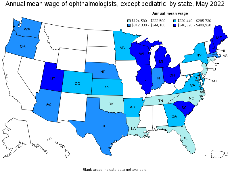 Map of annual mean wages of ophthalmologists, except pediatric by state, May 2022