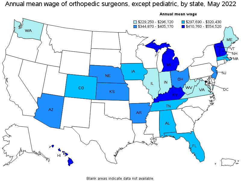 Map of annual mean wages of orthopedic surgeons, except pediatric by state, May 2022