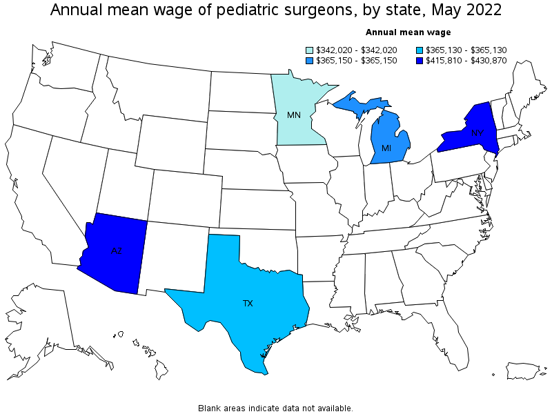 Map of annual mean wages of pediatric surgeons by state, May 2022