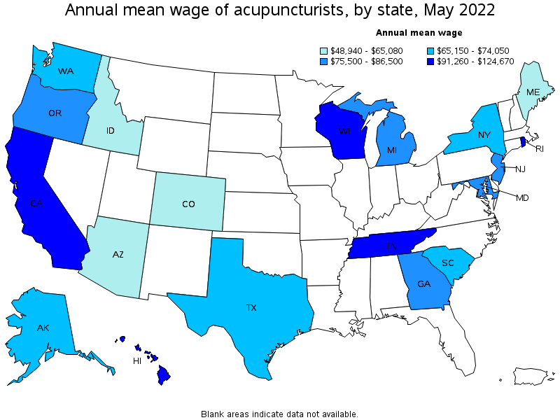 Map of annual mean wages of acupuncturists by state, May 2022