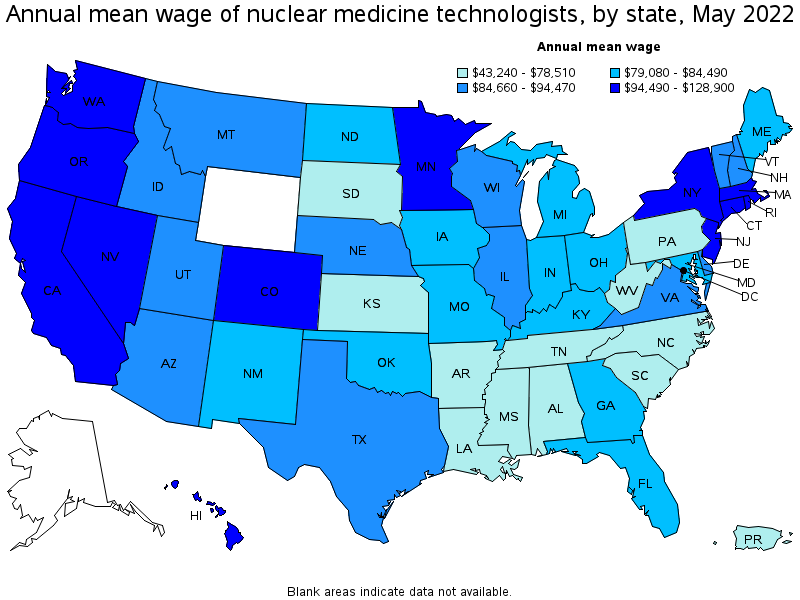 Map of annual mean wages of nuclear medicine technologists by state, May 2022