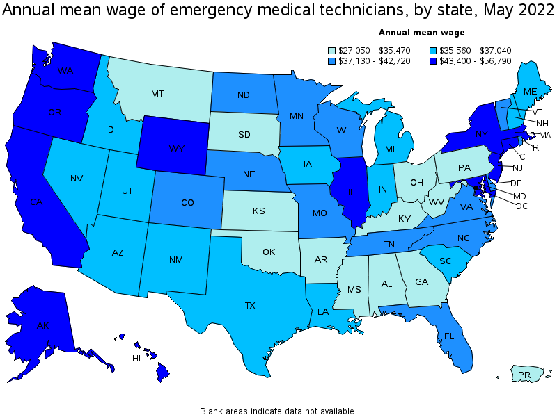 Map of annual mean wages of emergency medical technicians by state, May 2022