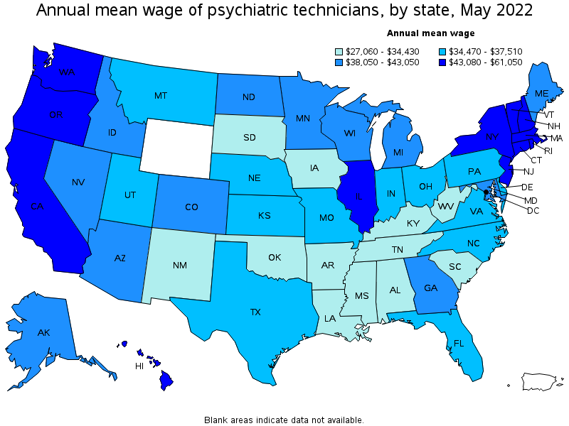 Map of annual mean wages of psychiatric technicians by state, May 2022