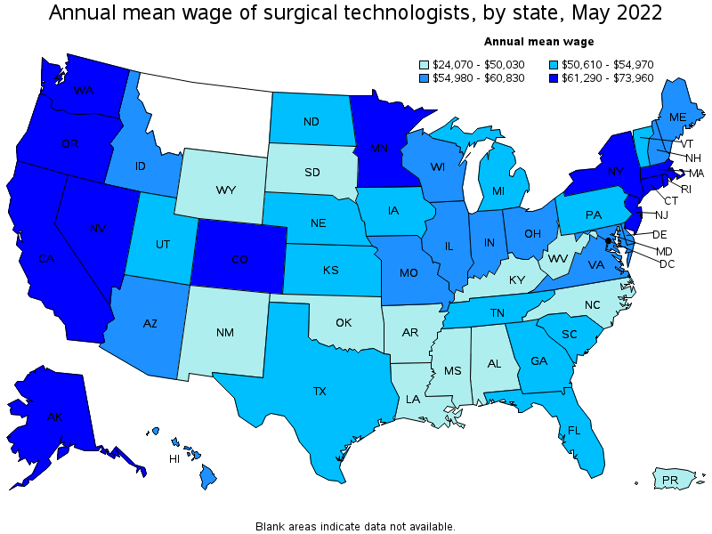 Map of annual mean wages of surgical technologists by state, May 2022