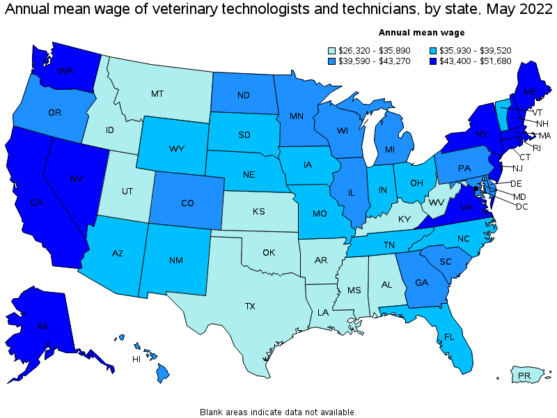 Map of annual mean wages of veterinary technologists and technicians by state, May 2022