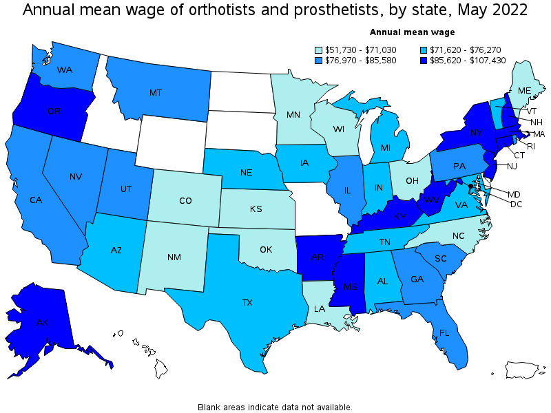 Map of annual mean wages of orthotists and prosthetists by state, May 2022