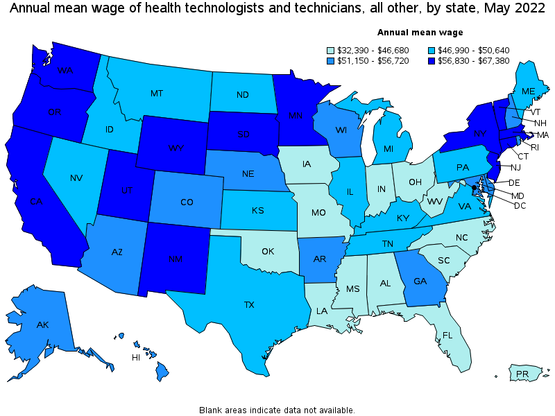 Map of annual mean wages of health technologists and technicians, all other by state, May 2022