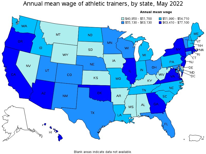 Map of annual mean wages of athletic trainers by state, May 2022