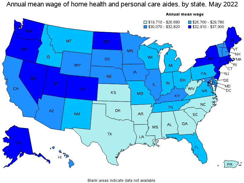 Map of annual mean wages of home health and personal care aides by state, May 2022