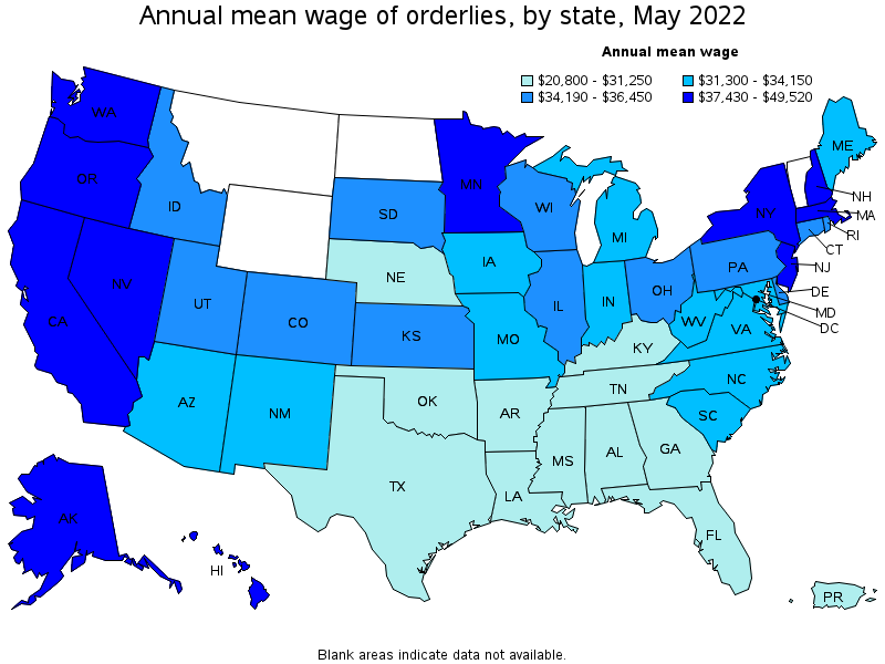 Map of annual mean wages of orderlies by state, May 2022