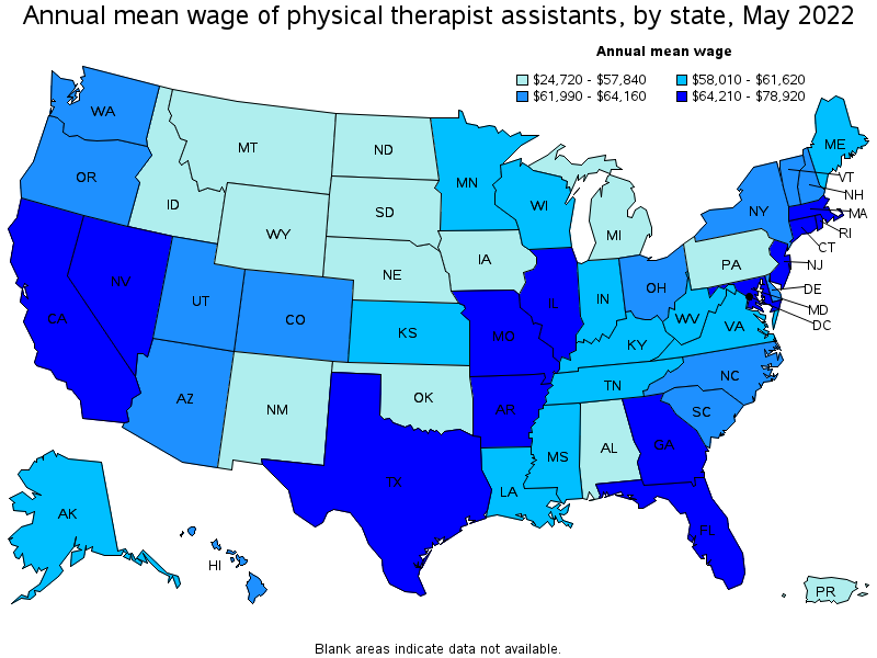 Map of annual mean wages of physical therapist assistants by state, May 2022