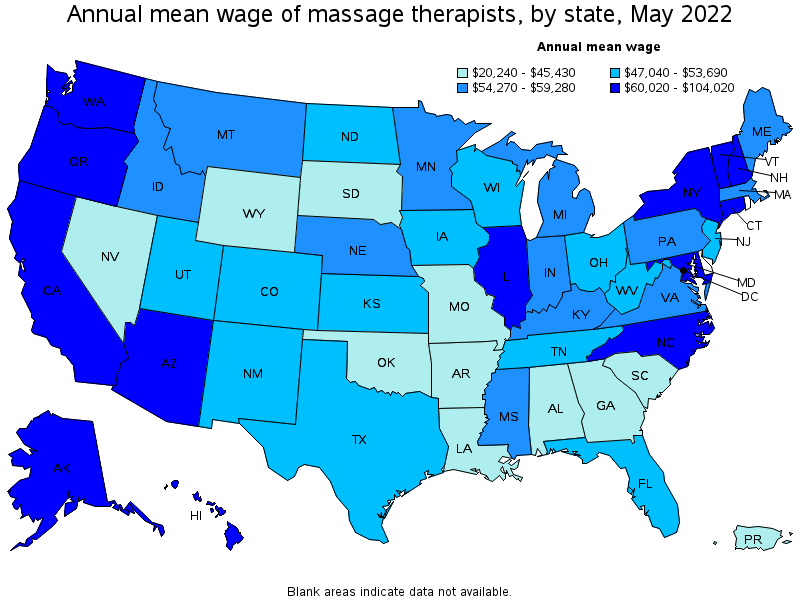 Map of annual mean wages of massage therapists by state, May 2022