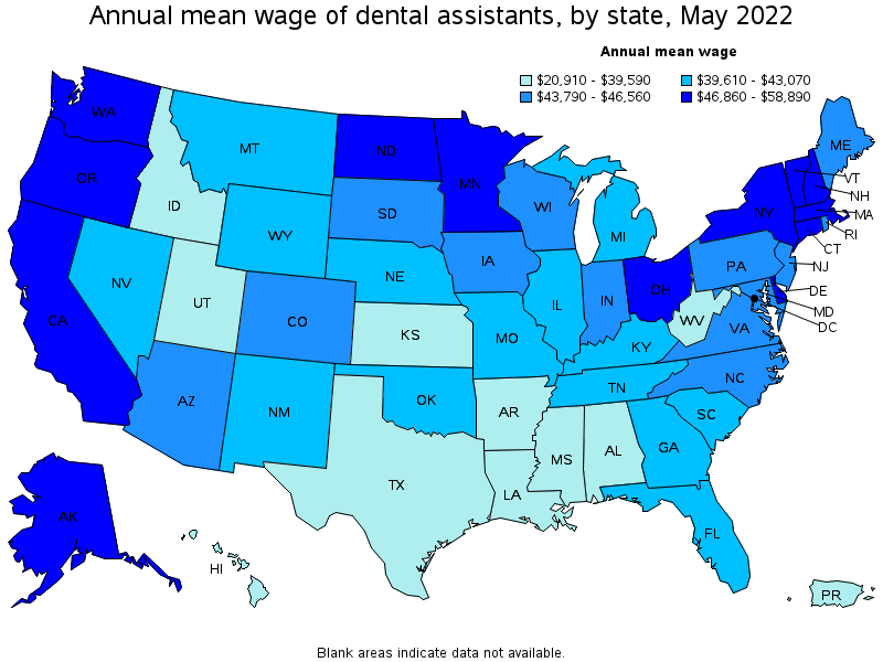 Map of annual mean wages of dental assistants by state, May 2022