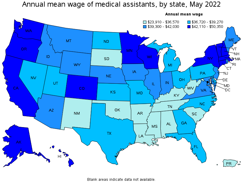 Map of annual mean wages of medical assistants by state, May 2022