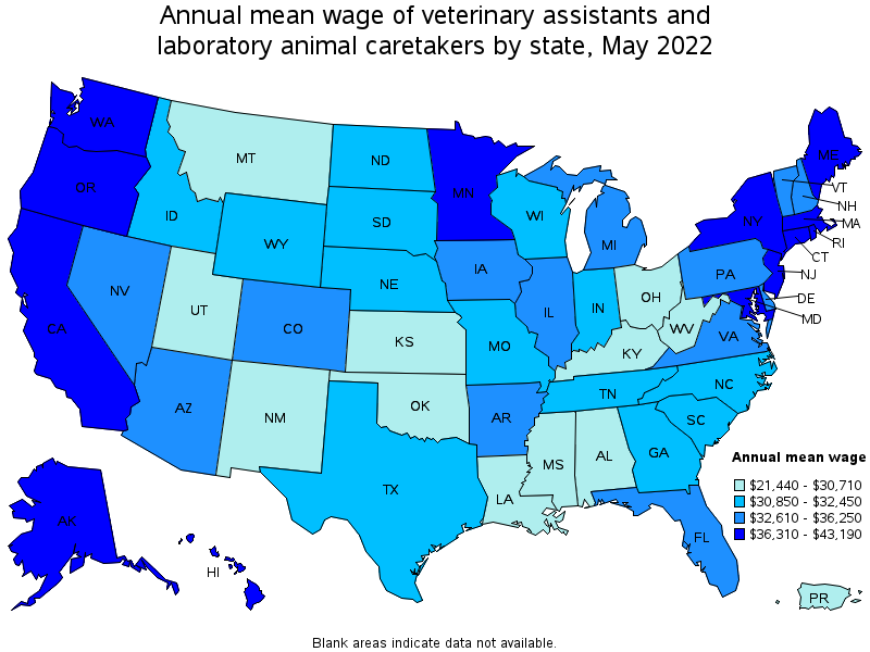 Map of annual mean wages of veterinary assistants and laboratory animal caretakers by state, May 2022
