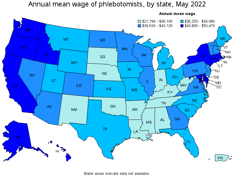 Map of annual mean wages of phlebotomists by state, May 2022