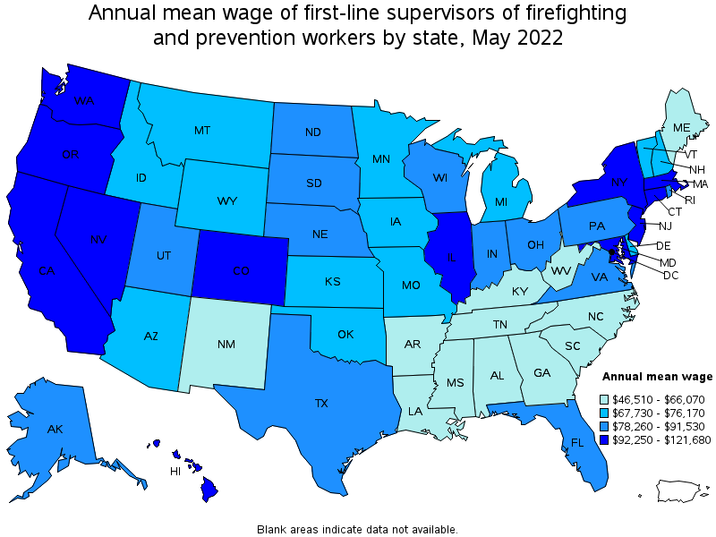 Map of annual mean wages of first-line supervisors of firefighting and prevention workers by state, May 2022