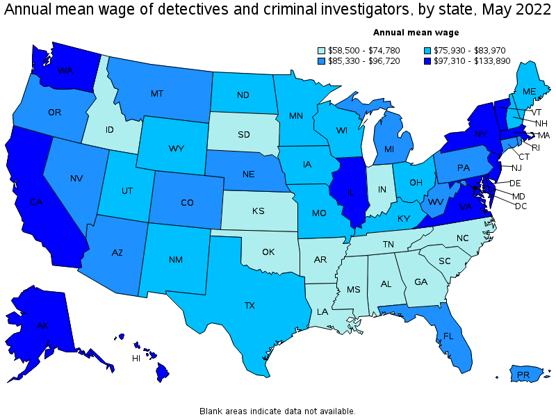 Map of annual mean wages of detectives and criminal investigators by state, May 2022