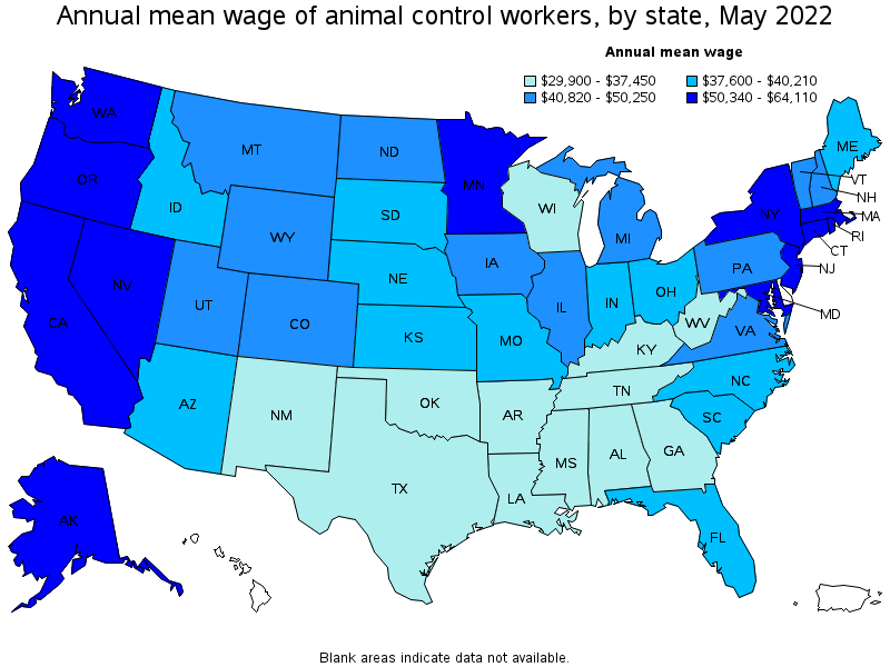 Map of annual mean wages of animal control workers by state, May 2022