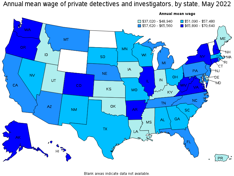 Map of annual mean wages of private detectives and investigators by state, May 2022