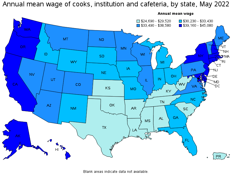 Map of annual mean wages of cooks, institution and cafeteria by state, May 2022