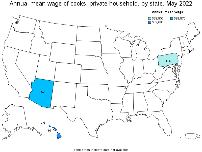 Map of annual mean wages of cooks, private household by state, May 2022