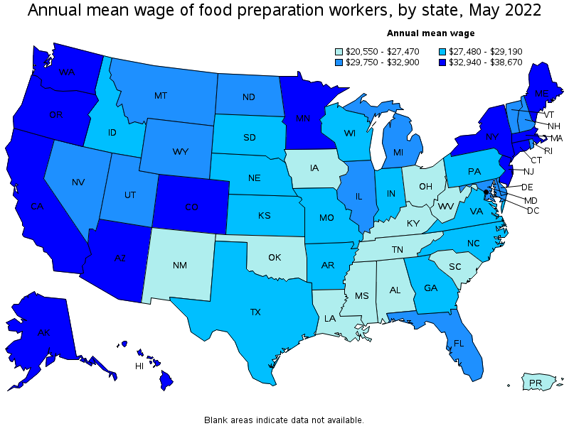 Map of annual mean wages of food preparation workers by state, May 2022