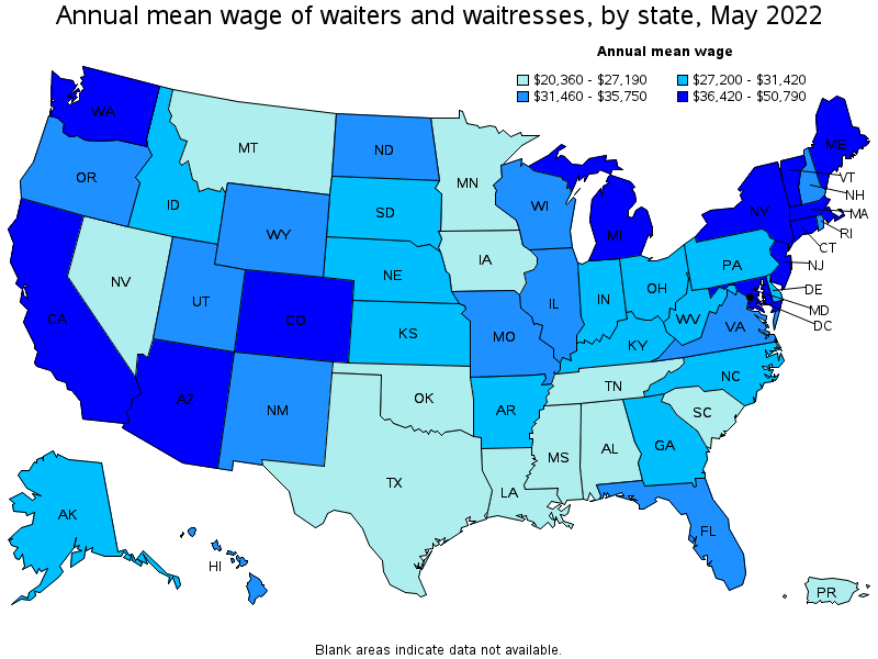 Map of annual mean wages of waiters and waitresses by state, May 2022