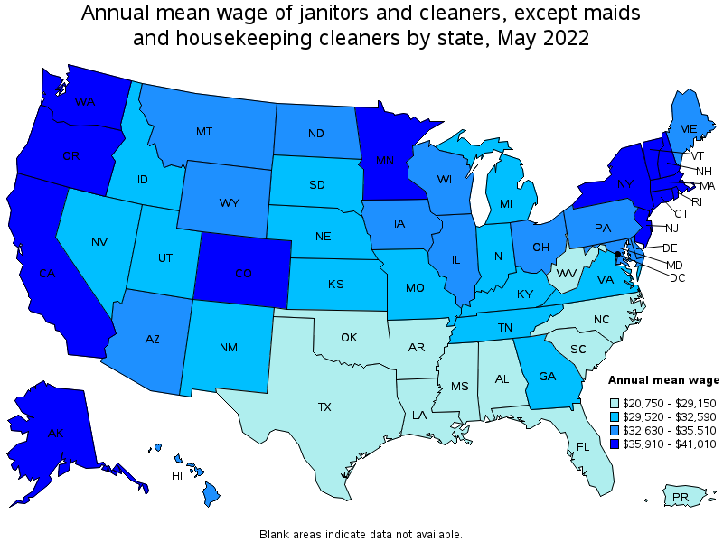 Map of annual mean wages of janitors and cleaners, except maids and housekeeping cleaners by state, May 2022