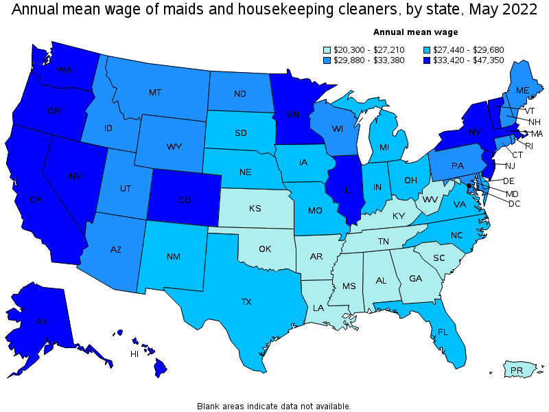 Map of annual mean wages of maids and housekeeping cleaners by state, May 2022