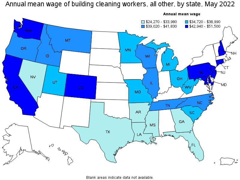 Map of annual mean wages of building cleaning workers, all other by state, May 2022