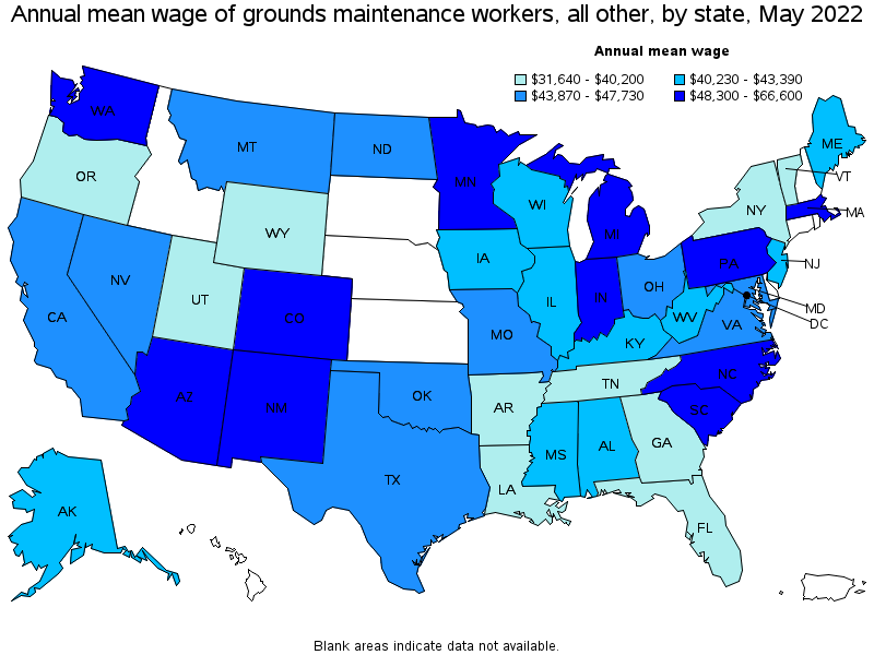 Map of annual mean wages of grounds maintenance workers, all other by state, May 2022