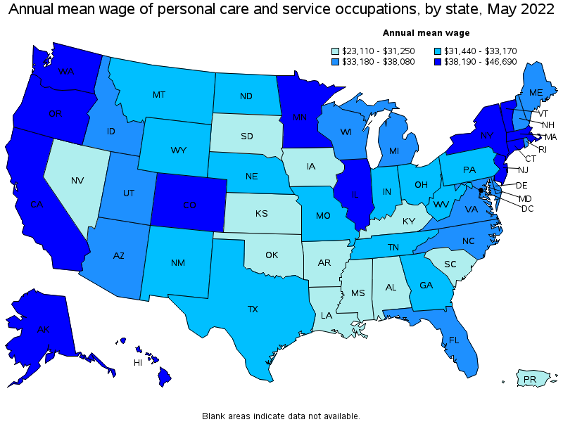 Map of annual mean wages of personal care and service occupations by state, May 2022