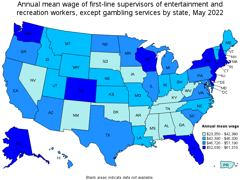 Map of annual mean wages of first-line supervisors of entertainment and recreation workers, except gambling services by state, May 2022