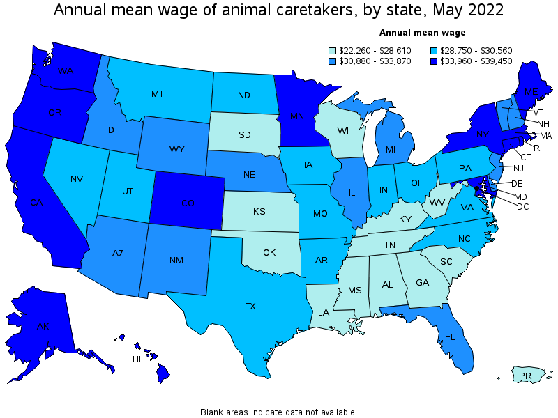 Map of annual mean wages of animal caretakers by state, May 2022