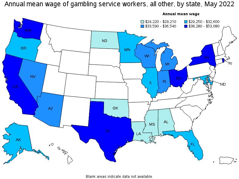 Map of annual mean wages of gambling service workers, all other by state, May 2022