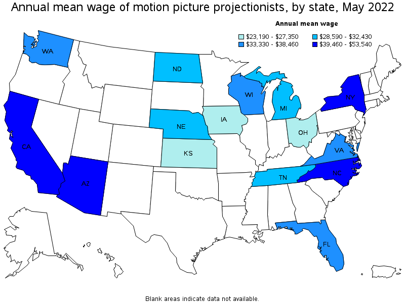 Map of annual mean wages of motion picture projectionists by state, May 2022