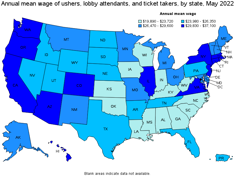 Map of annual mean wages of ushers, lobby attendants, and ticket takers by state, May 2022