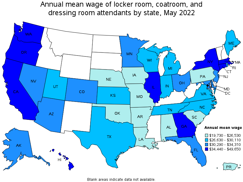 Map of annual mean wages of locker room, coatroom, and dressing room attendants by state, May 2022
