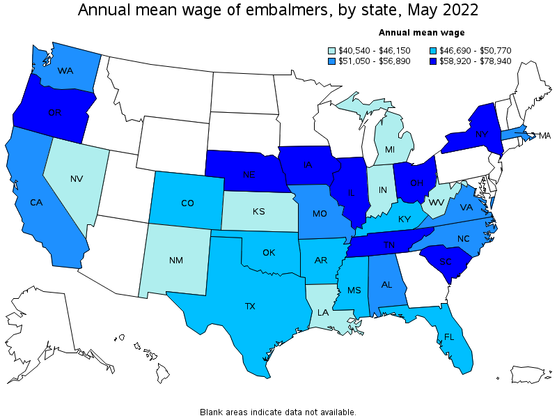 Map of annual mean wages of embalmers by state, May 2022