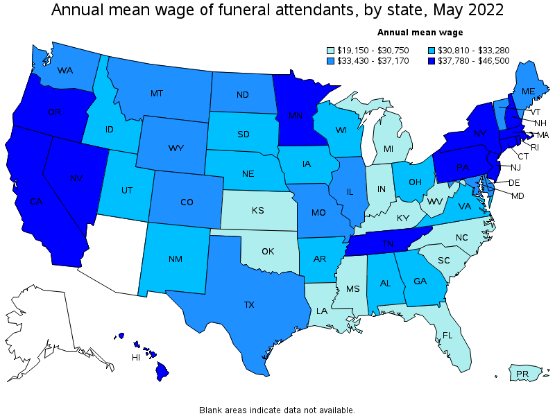 Map of annual mean wages of funeral attendants by state, May 2022