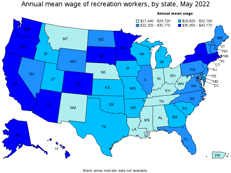 Map of annual mean wages of recreation workers by state, May 2022